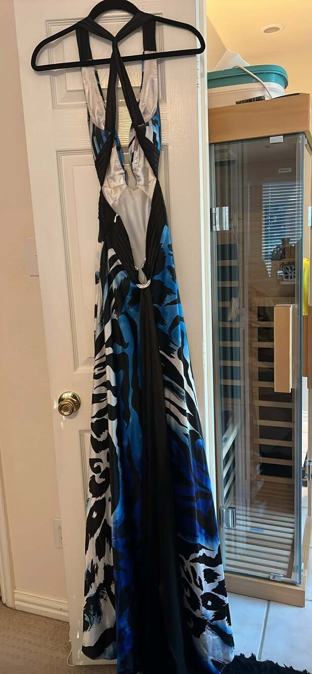 Cache Zebra Print Maxi Dress Size XS Blue Black Halter Rhinestone - Picture 3 of 6